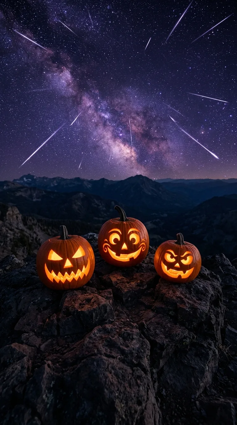 Three carved pumpkins sit on a rocky ridge beneath purple stars and bright meteor trails