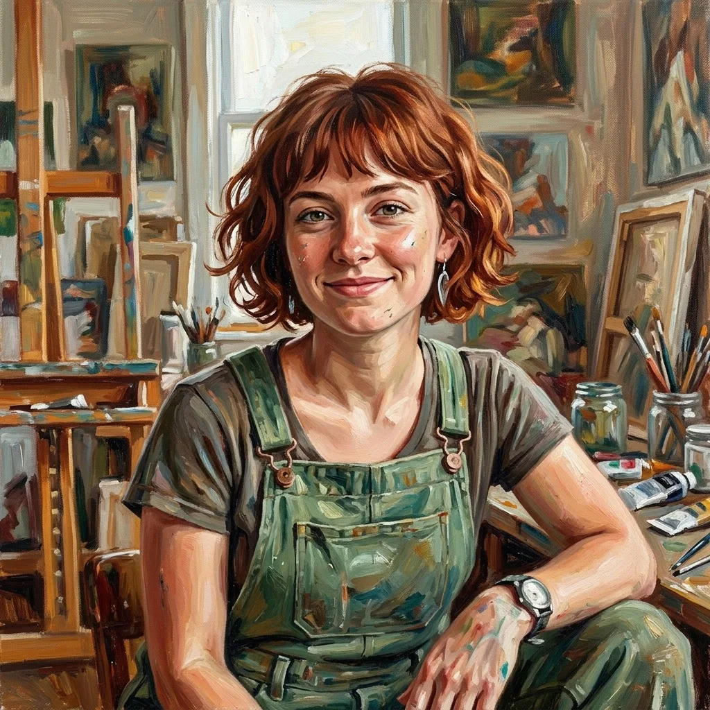 An adult woman with short auburn hair and green overalls in art studio