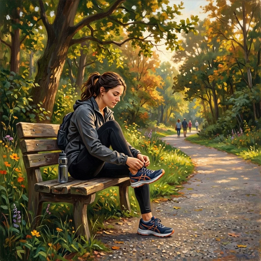 Person tying running shoes beside a park path