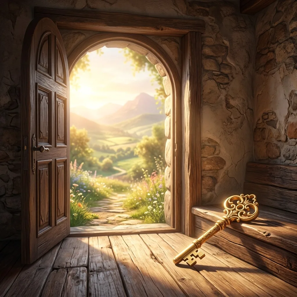 Golden key beside an open sunlit doorway