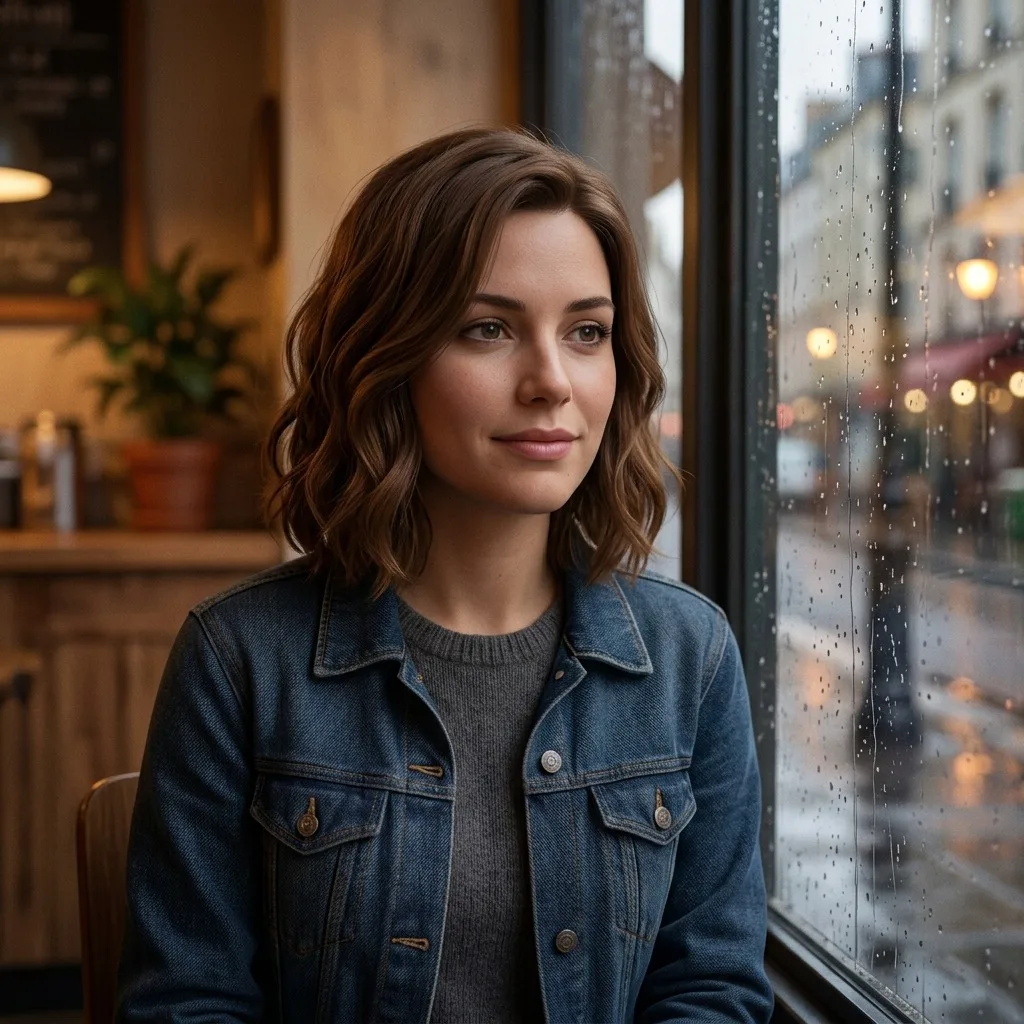 An adult woman with denim jacket beside rainy cafe window