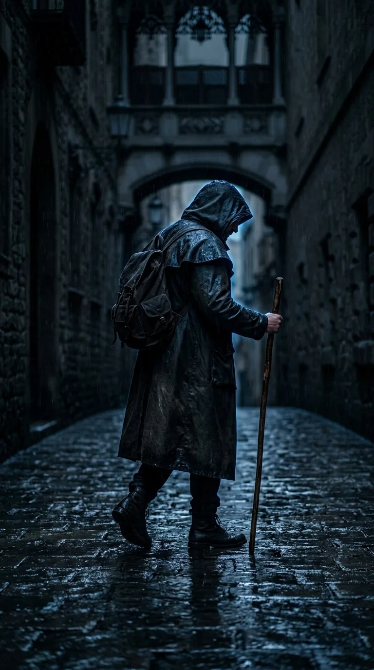 A hooded fictional adult traveler in rain.