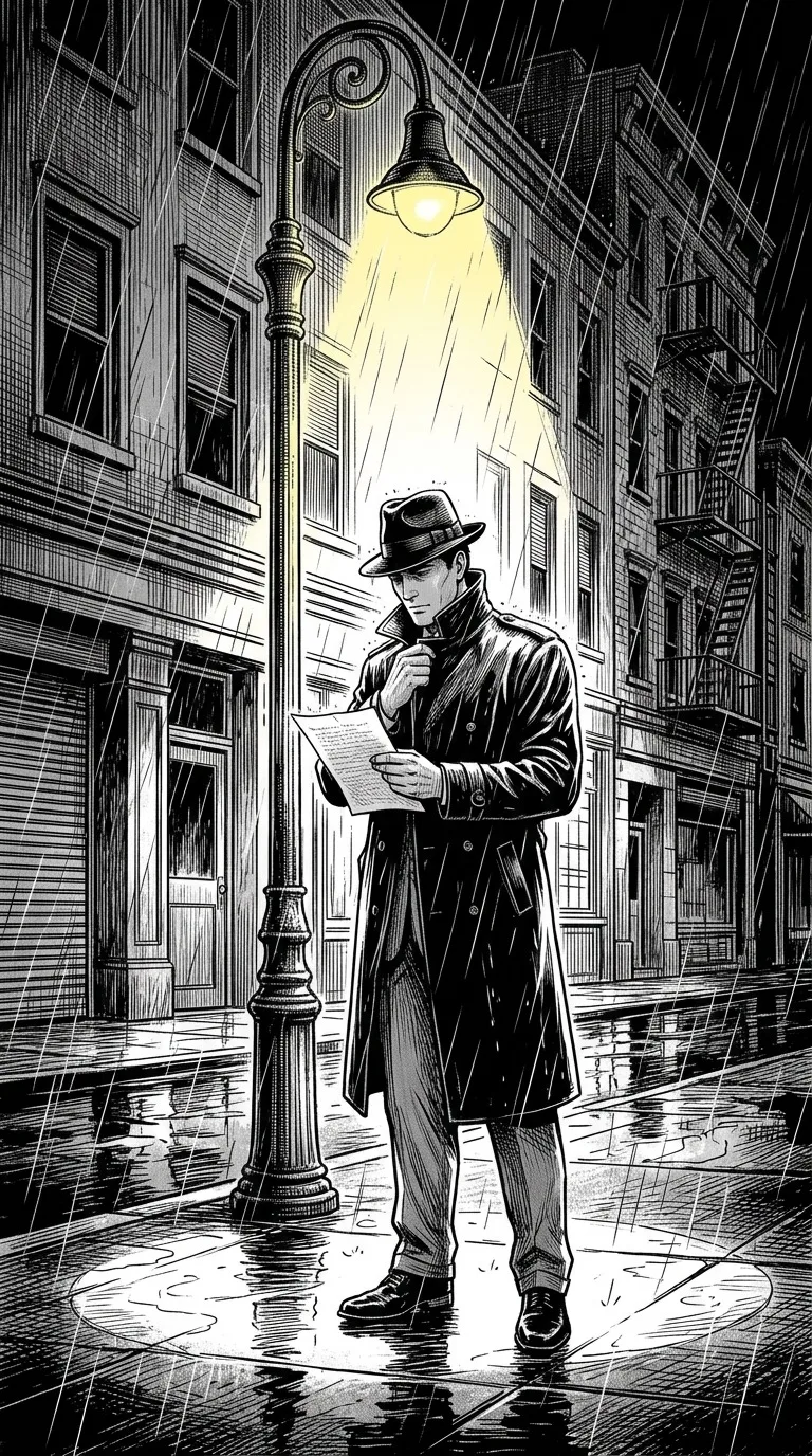 An adult detective beneath a rainy streetlamp.