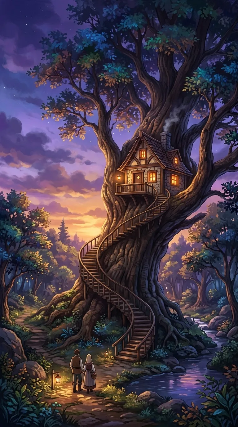 A tiny cottage built into an enormous tree.