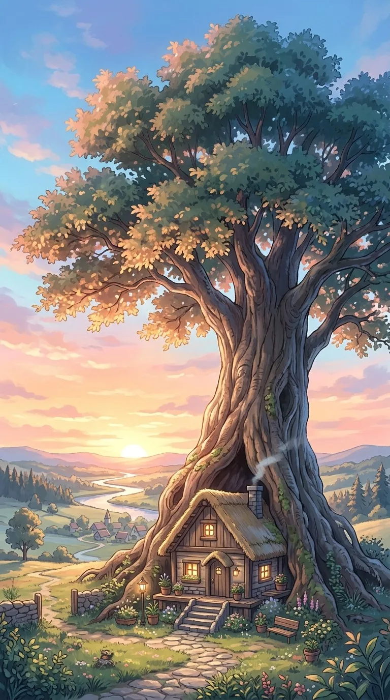 A tiny cottage built into an enormous tree.