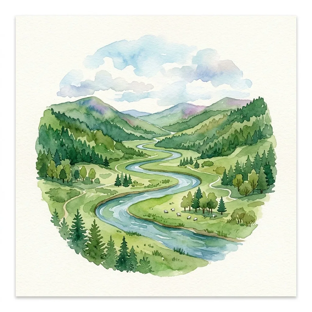 Emerald valley with winding river