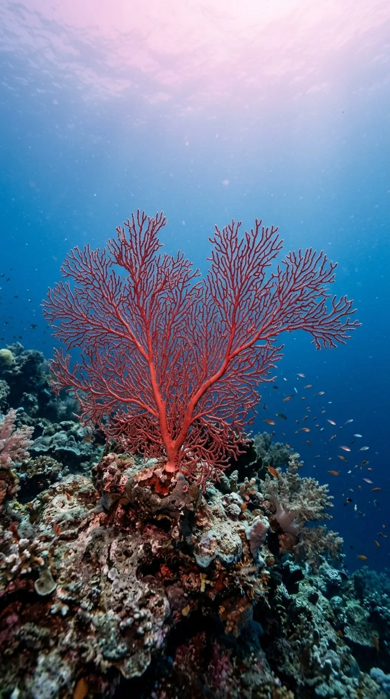 A red sea fan against blue depths.