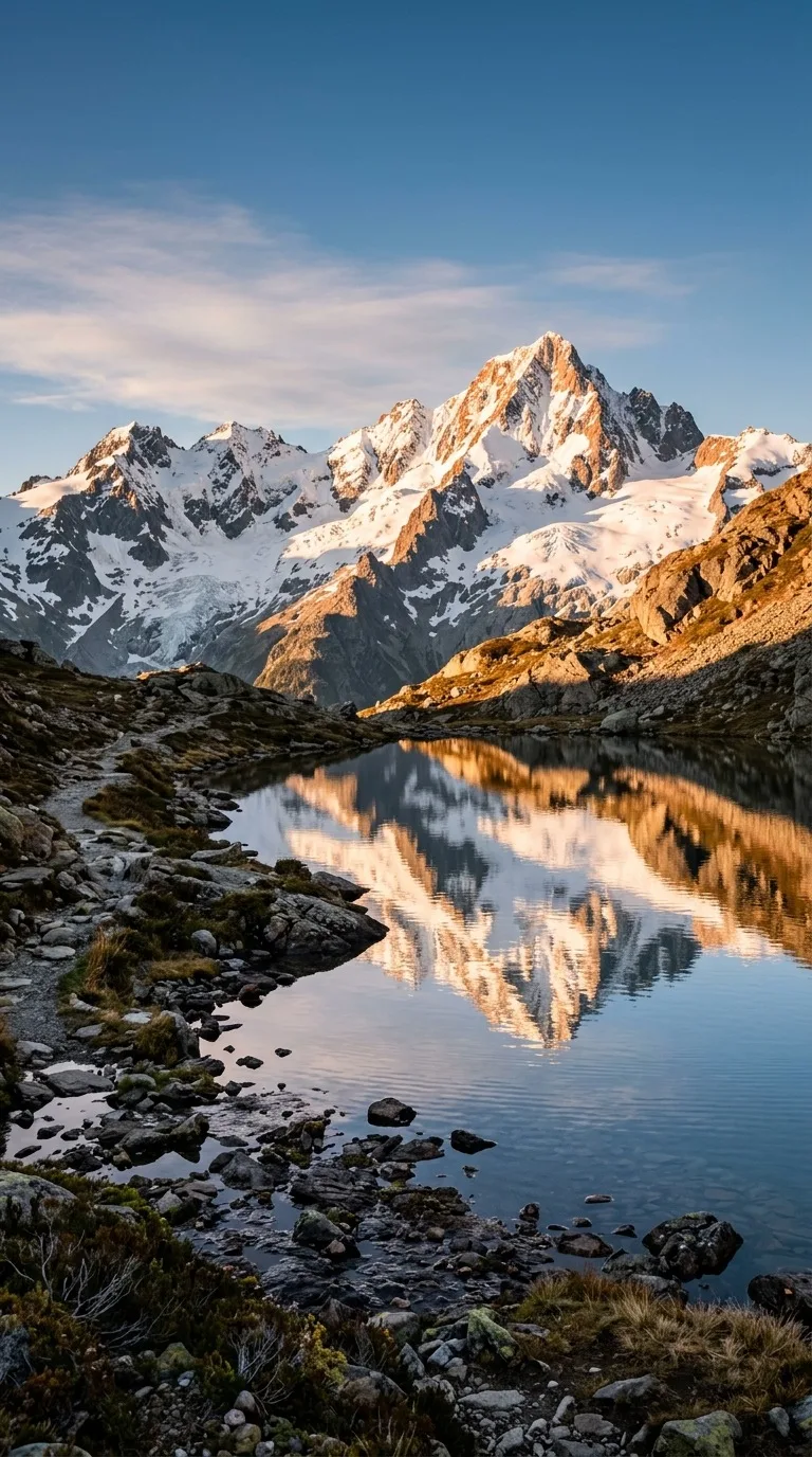 Alpine lake and snowy peaks.