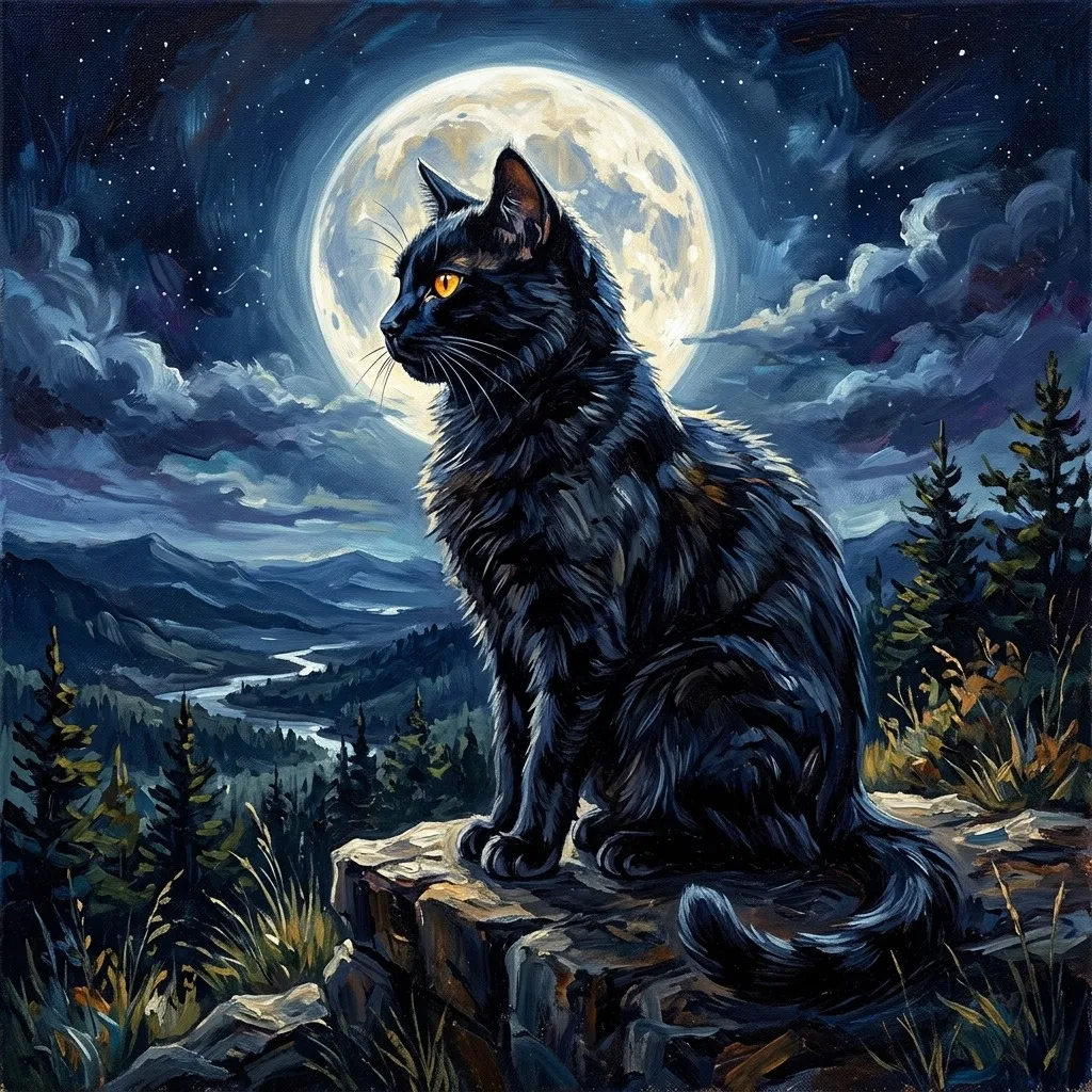 Black cat with golden eyes under moonlight