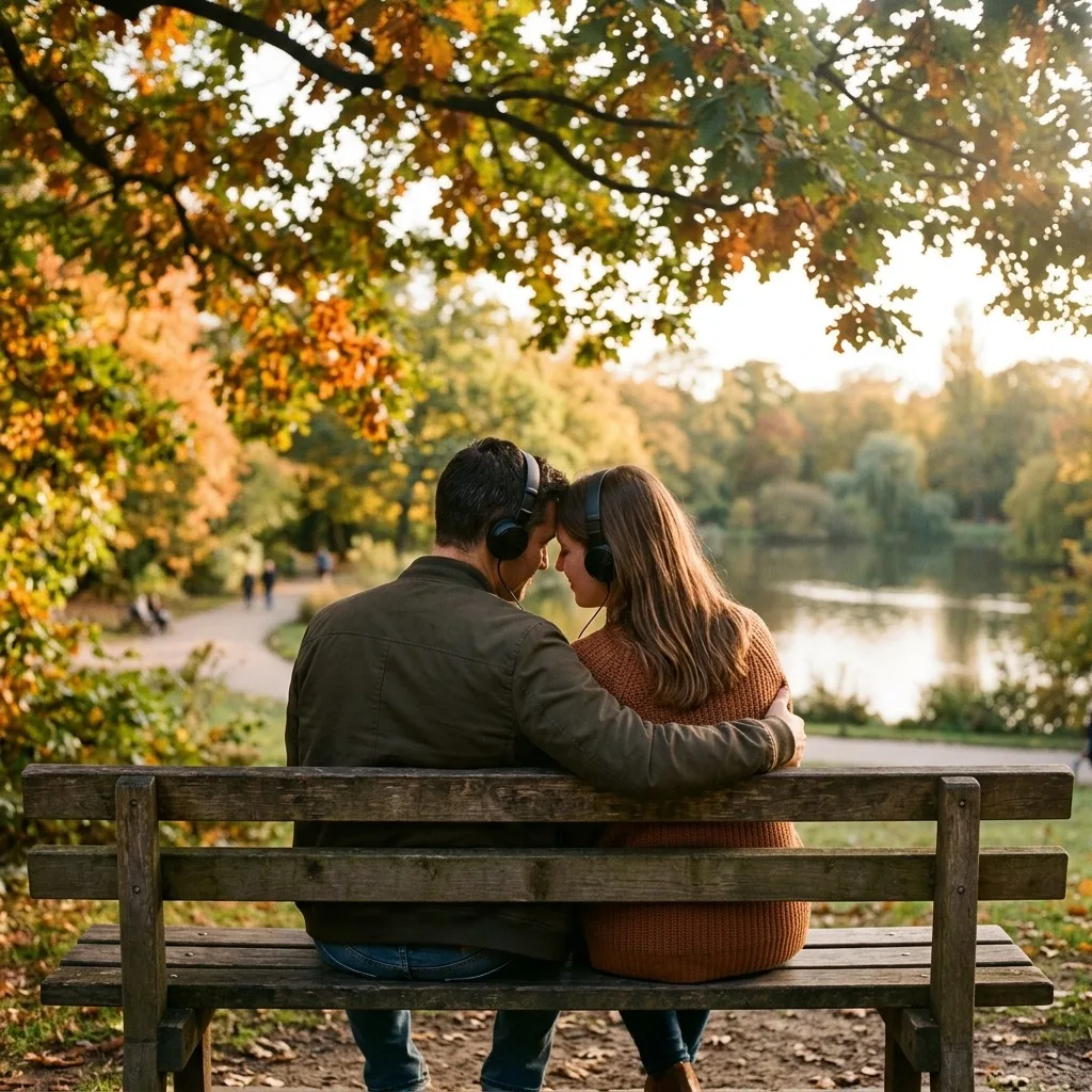 An adult couple listening to music together with headphones on a lakeside park bench
