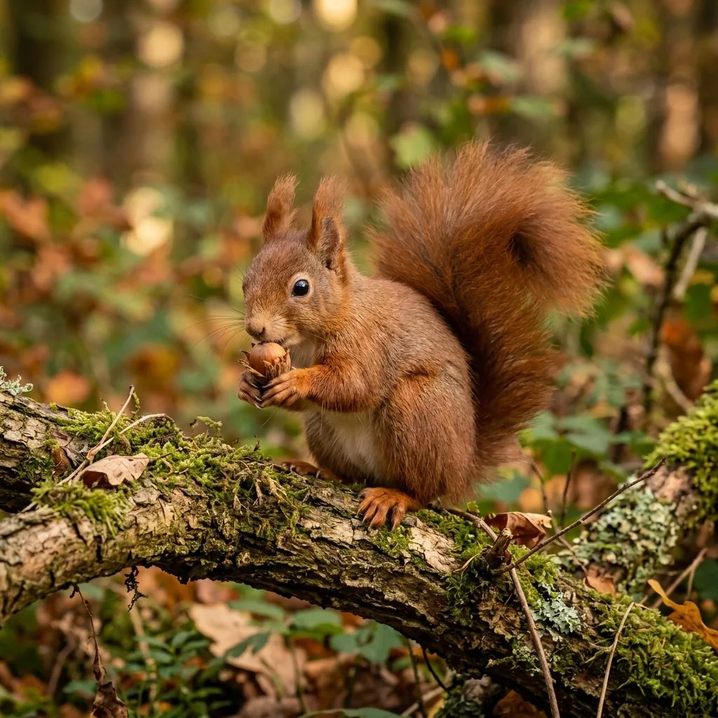 Red squirrel holding a hazelnut