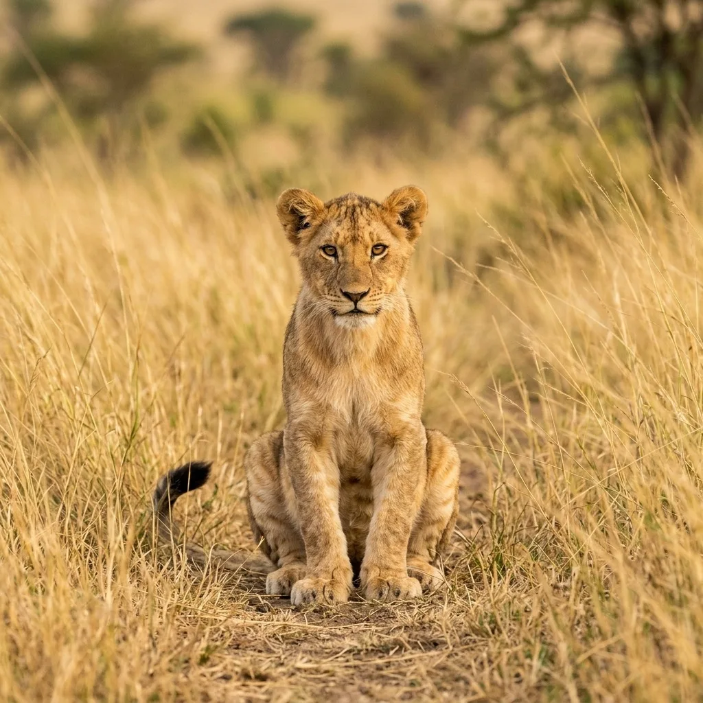 Lion cub in golden grass