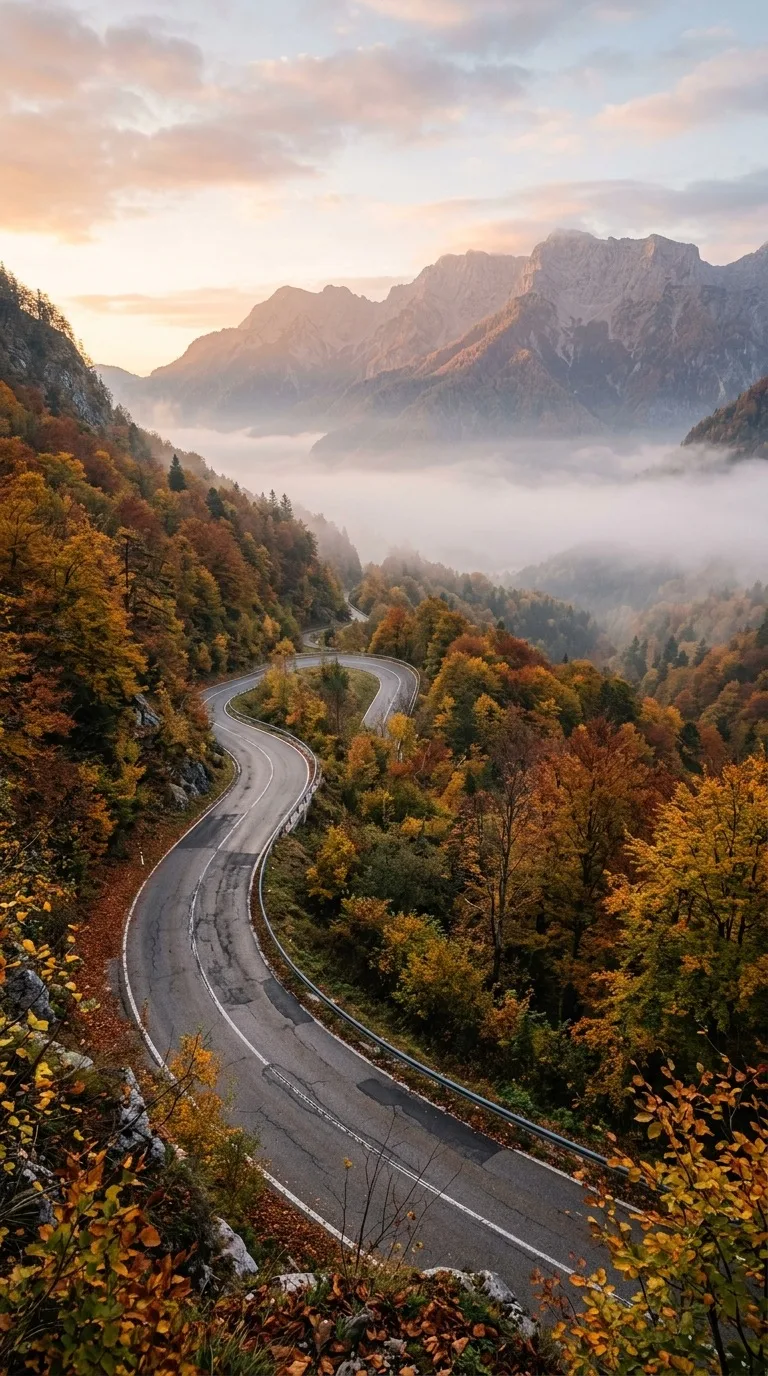 Mountain road winding through autumn trees.