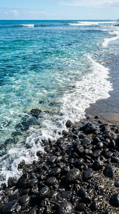 A gentle wave washing over black pebbles.