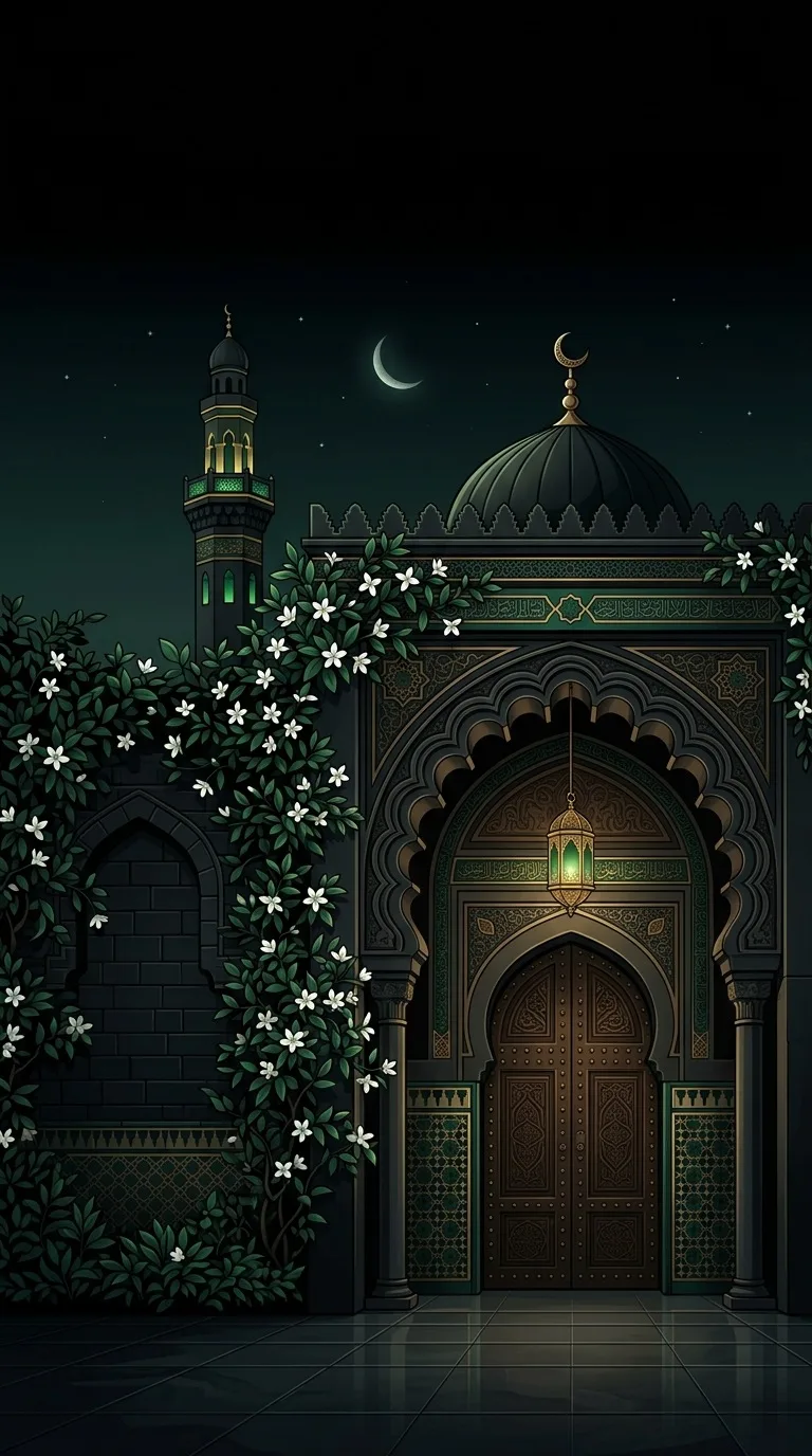 A quiet mosque entrance with flowering jasmine.