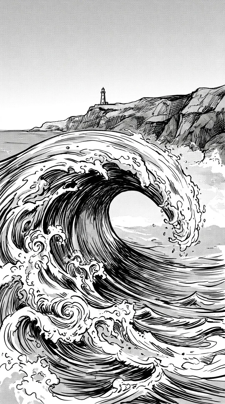 A powerful curling ocean wave beneath a distant cliff and tiny lighthouse, original wave composition with intricate foam patterns