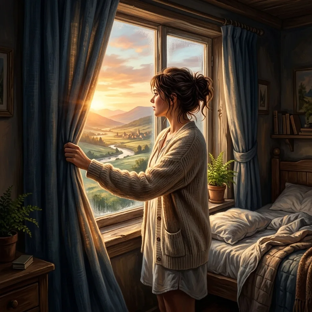 Person opening curtains to morning light