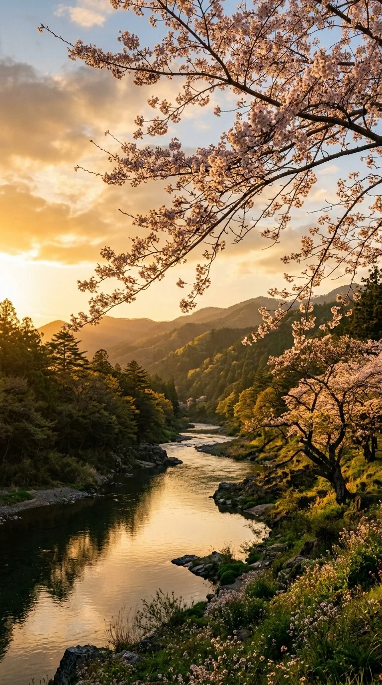 Cherry blossom branches over a river.