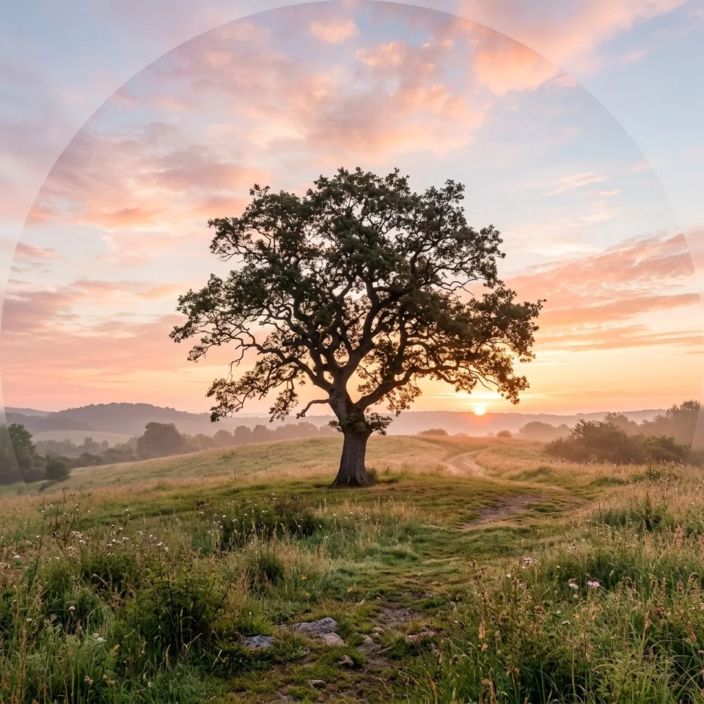 Lone oak under a pastel sunrise