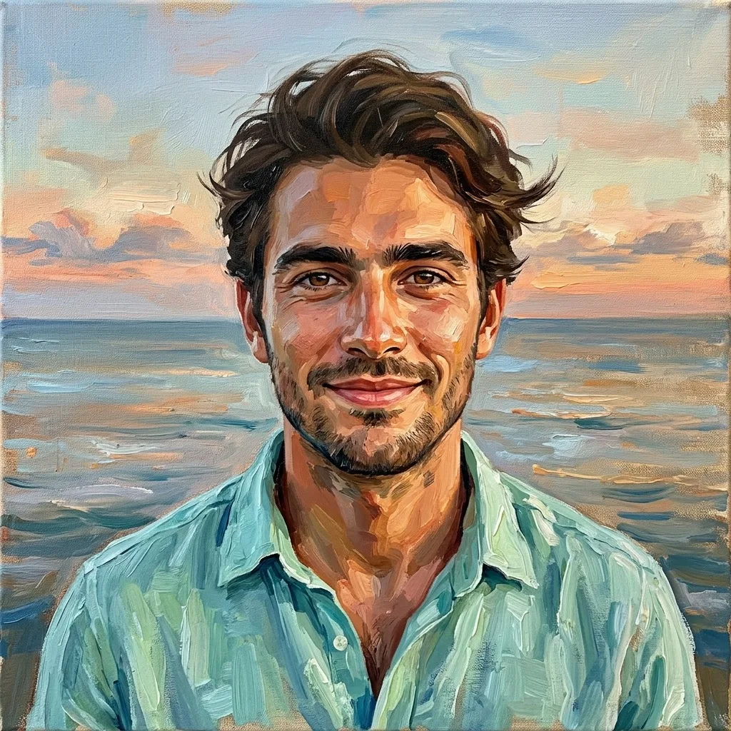 An adult man with mint shirt against quiet ocean horizon