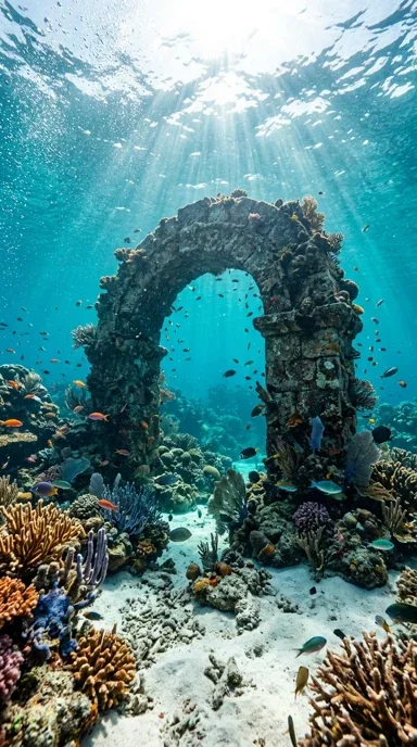 A sunken stone arch among coral.