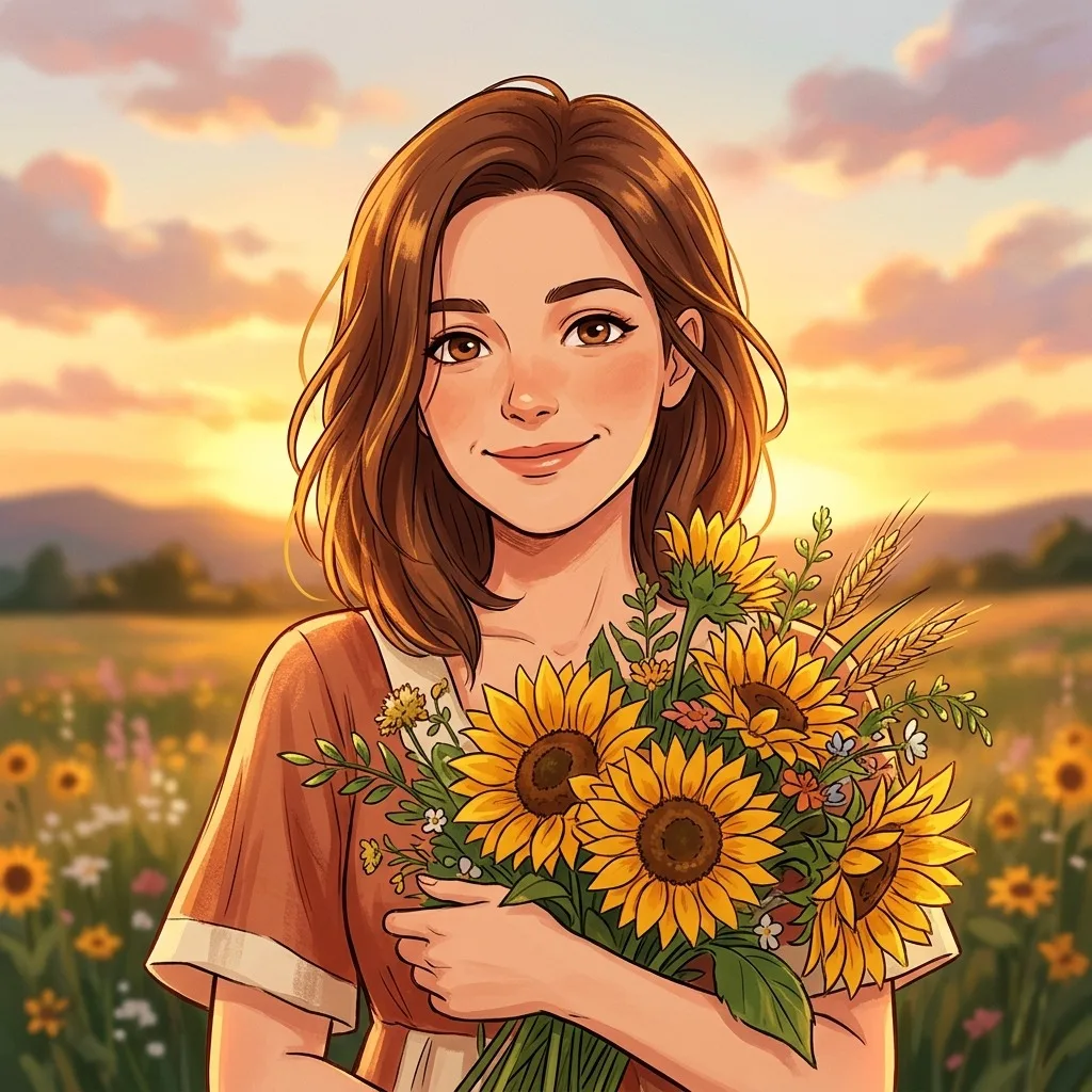 An adult woman with sunflower bouquet and golden sunset