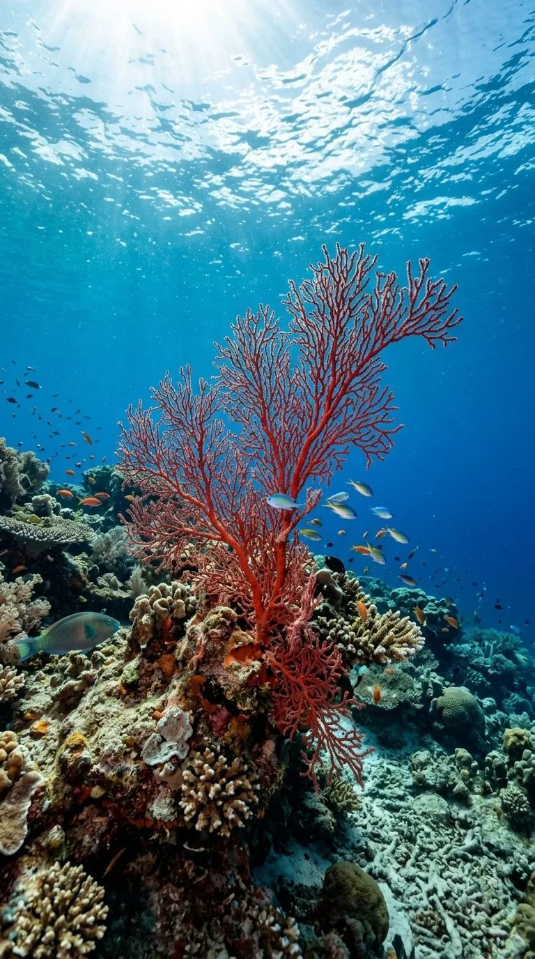 A red sea fan against blue depths.