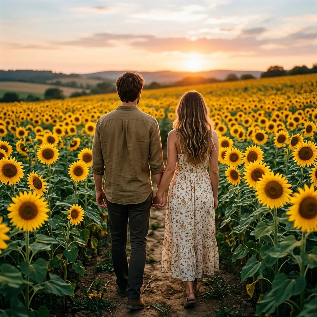 Adult couple holding hands in a sunflower field from behind