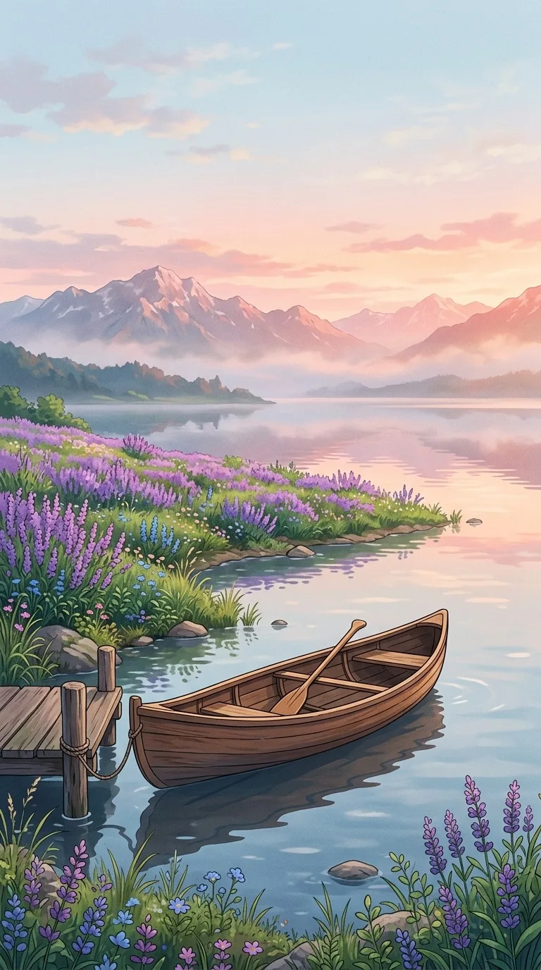 A small empty canoe beside a lavender meadow on a quiet lake, distant mountains and rosy dawn mist, soft painterly colors