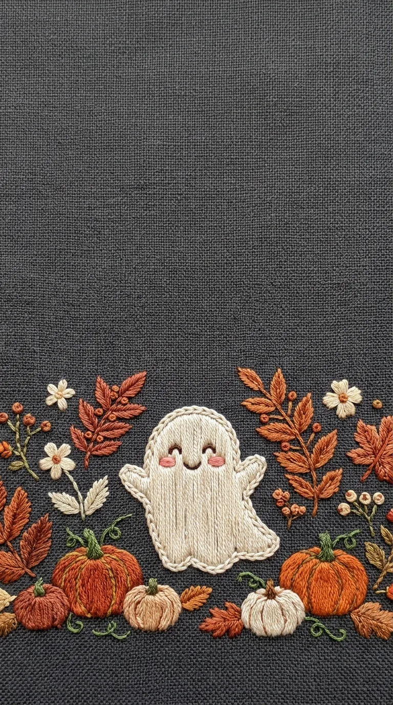 An embroidered ivory ghost stands among pumpkins, flowers and leaves on charcoal fabric