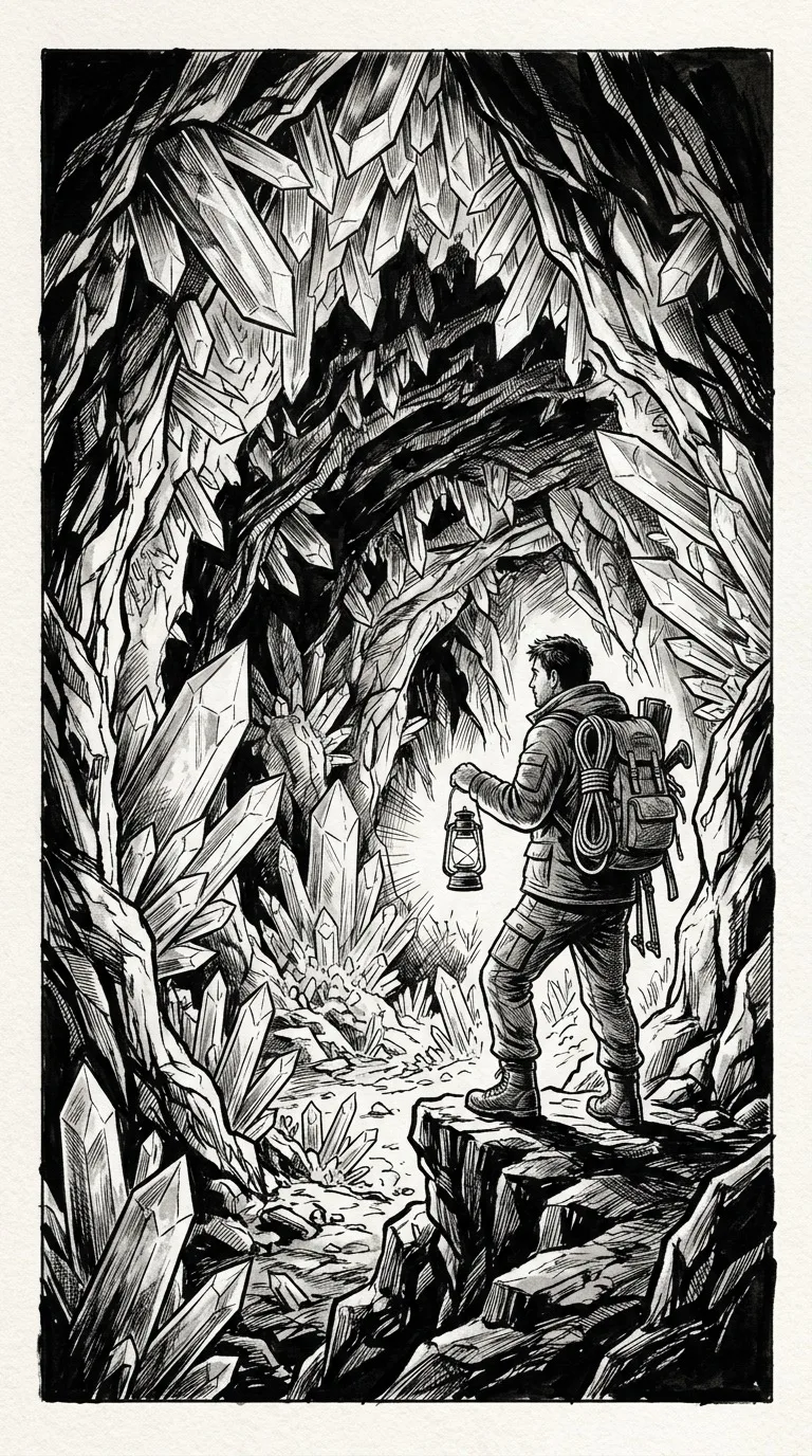 An adult explorer at the entrance to a crystal cave.