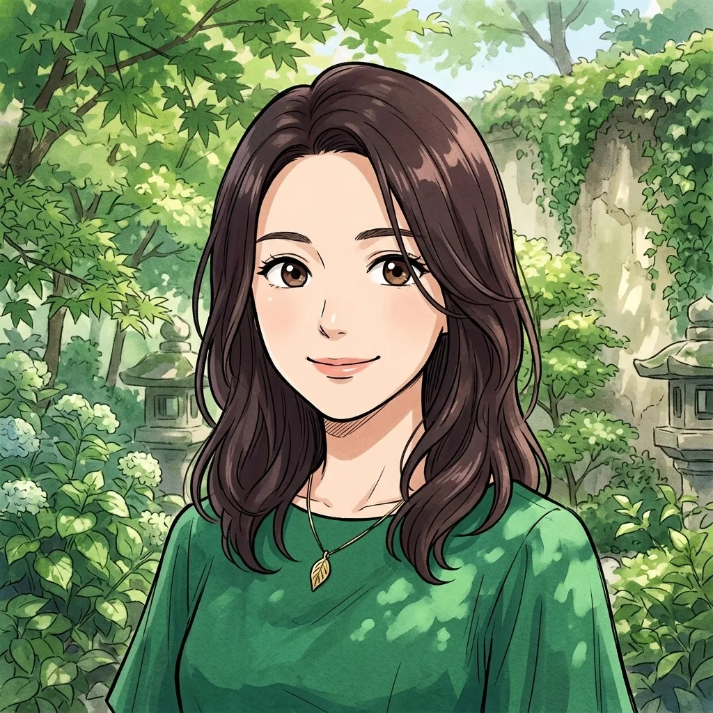 An adult woman with emerald dress beside a leafy courtyard