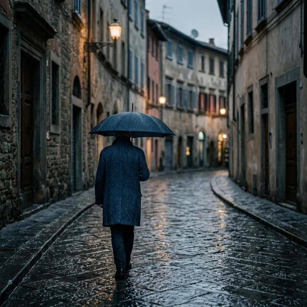 Lone adult beneath an umbrella on a quiet street