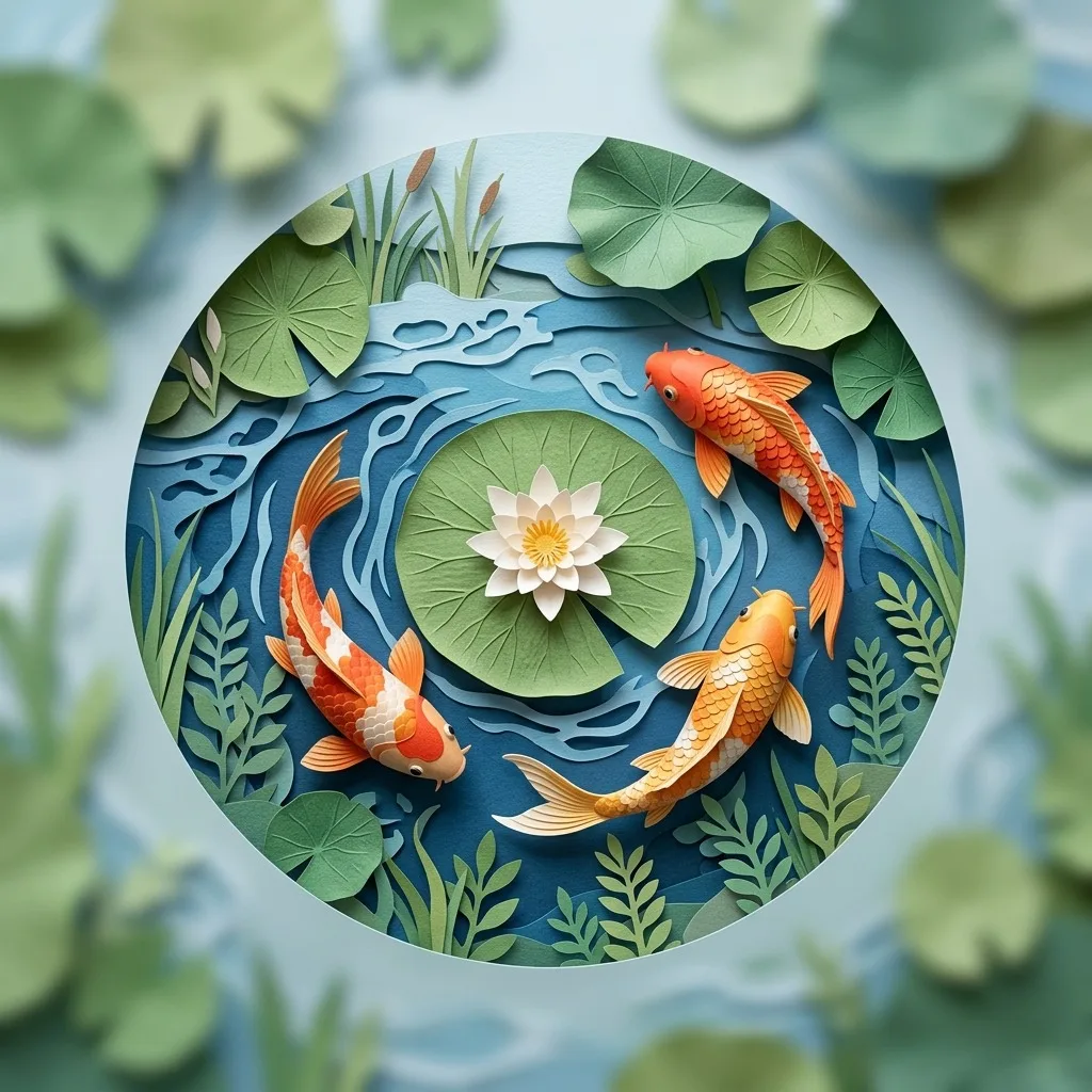 Orange koi circling a lily pad