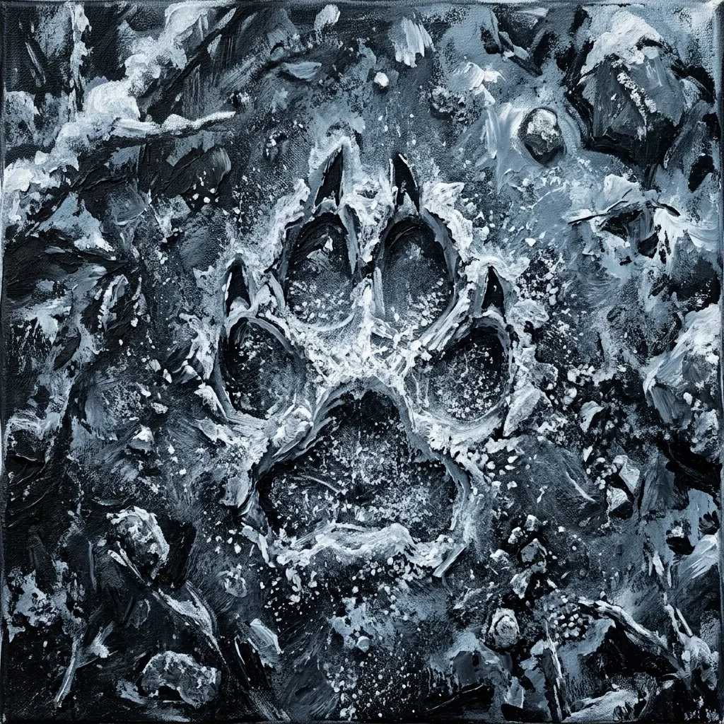 Frost-covered wolf footprint in black snow