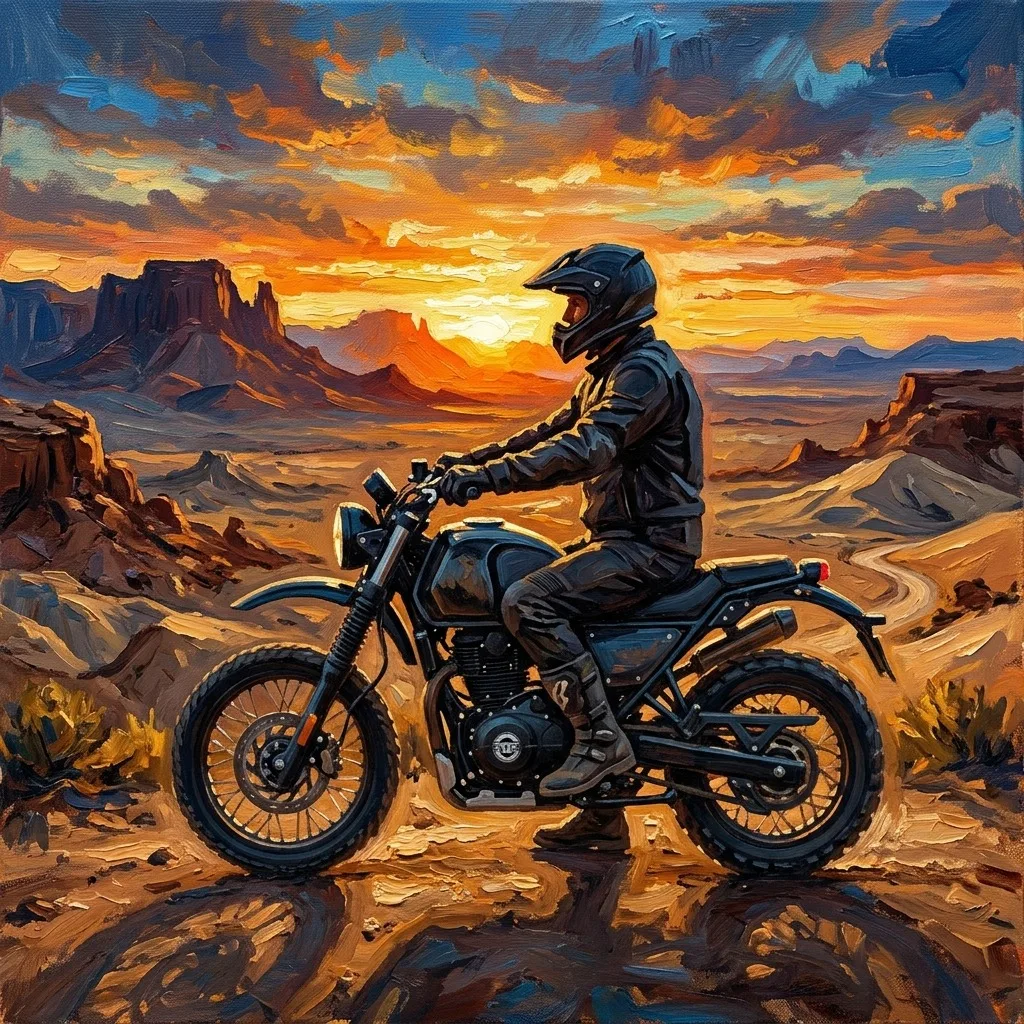 Lone motorcyclist facing desert sunrise