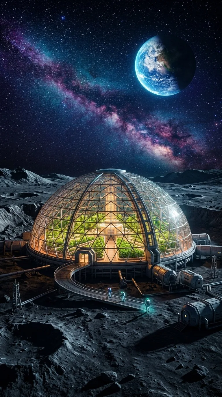 A futuristic lunar greenhouse beneath stars.