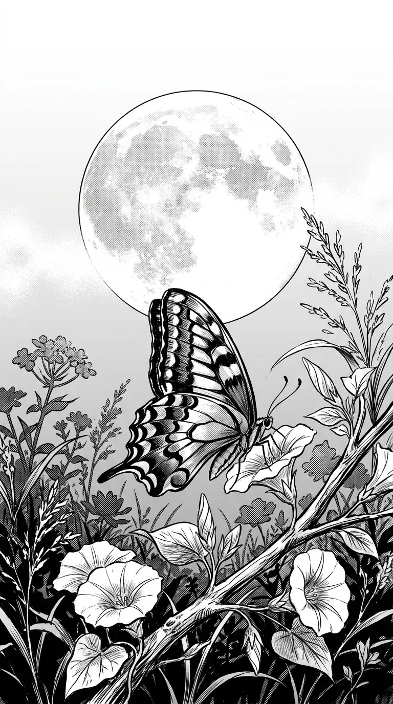 An original large patterned butterfly resting on a branch, full moon behind distant flowers, elegant fine-line botanical composition