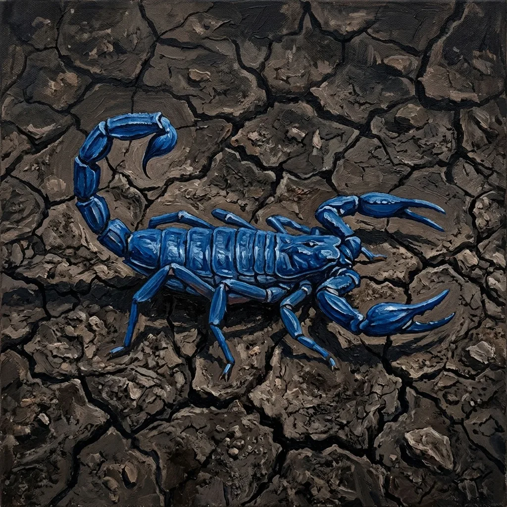 Blue scorpion on dark cracked earth
