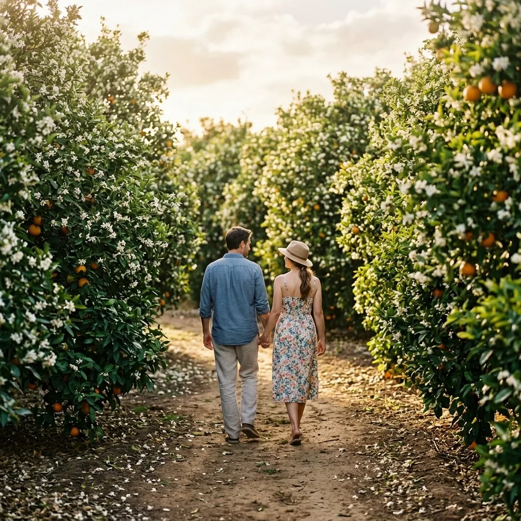 Adult couple strolling through an orange orchard in bloom