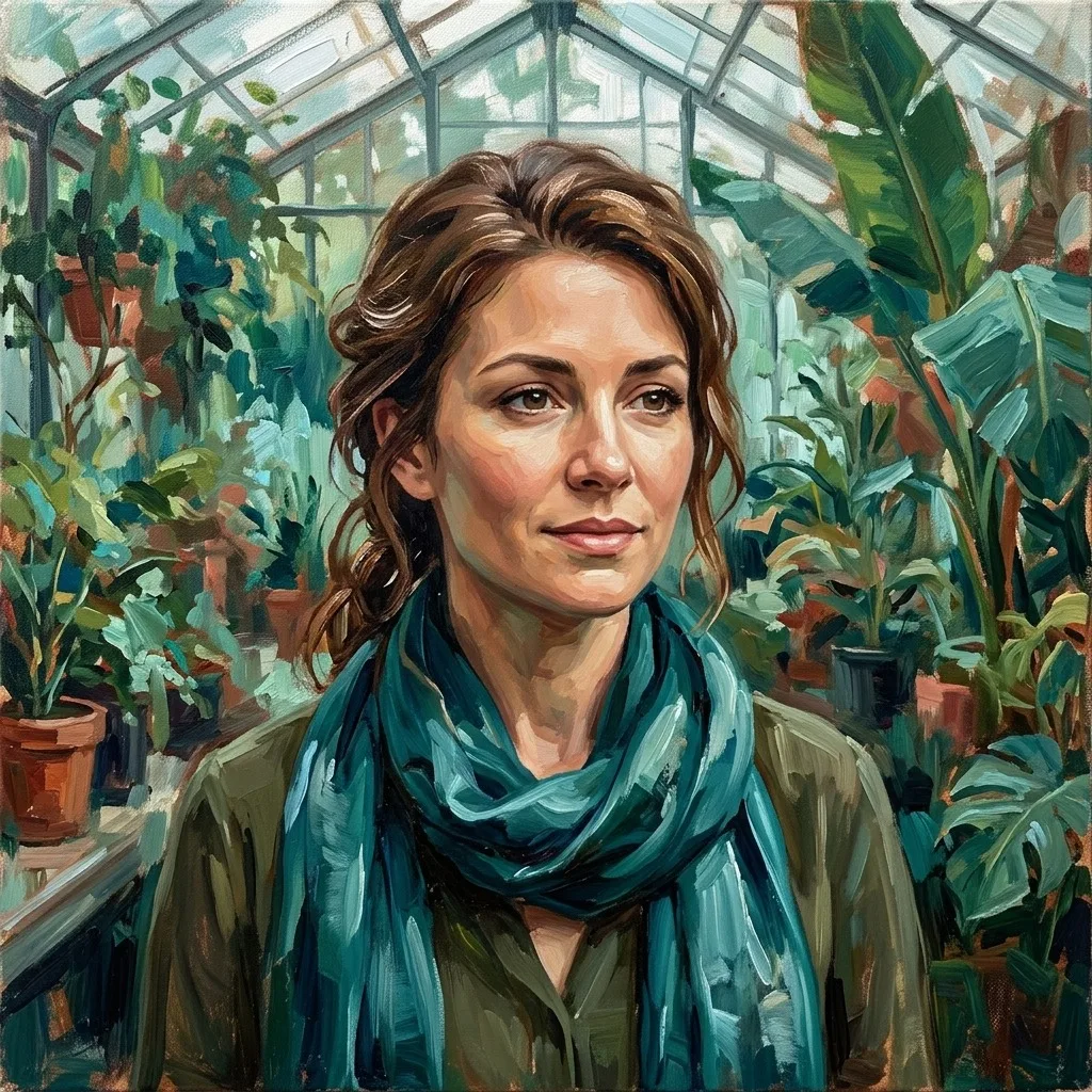 An adult woman with teal silk scarf in a botanical greenhouse