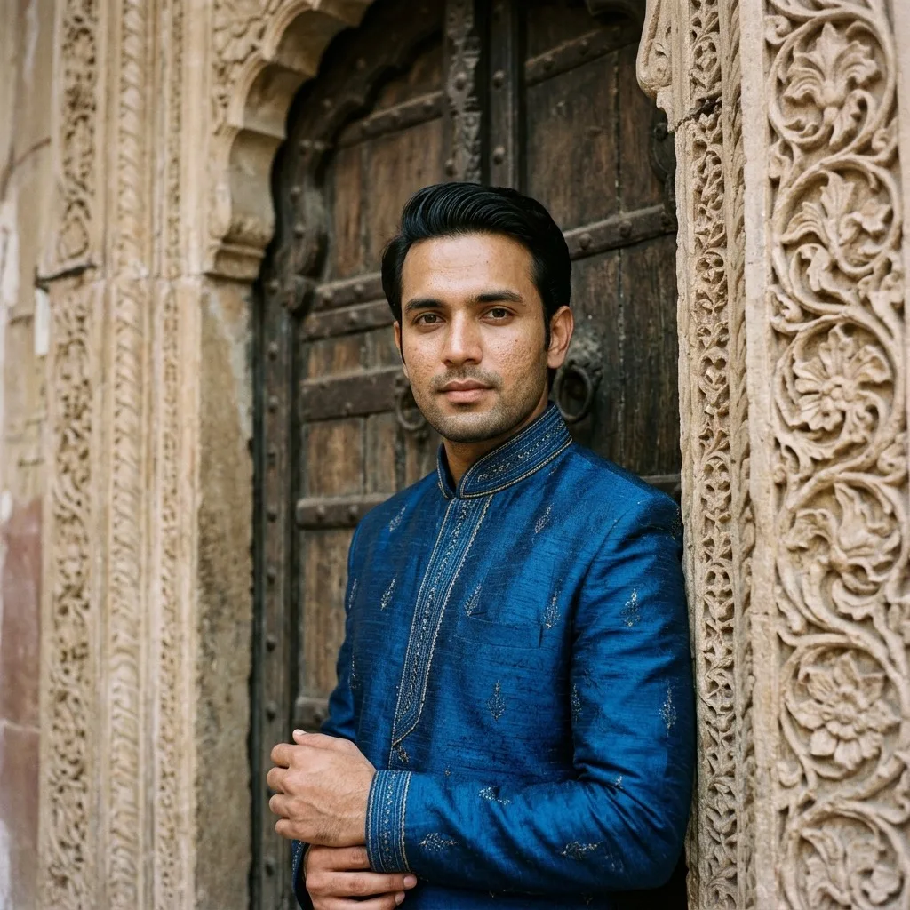 An adult man with deep blue sherwani beside carved stone doorway