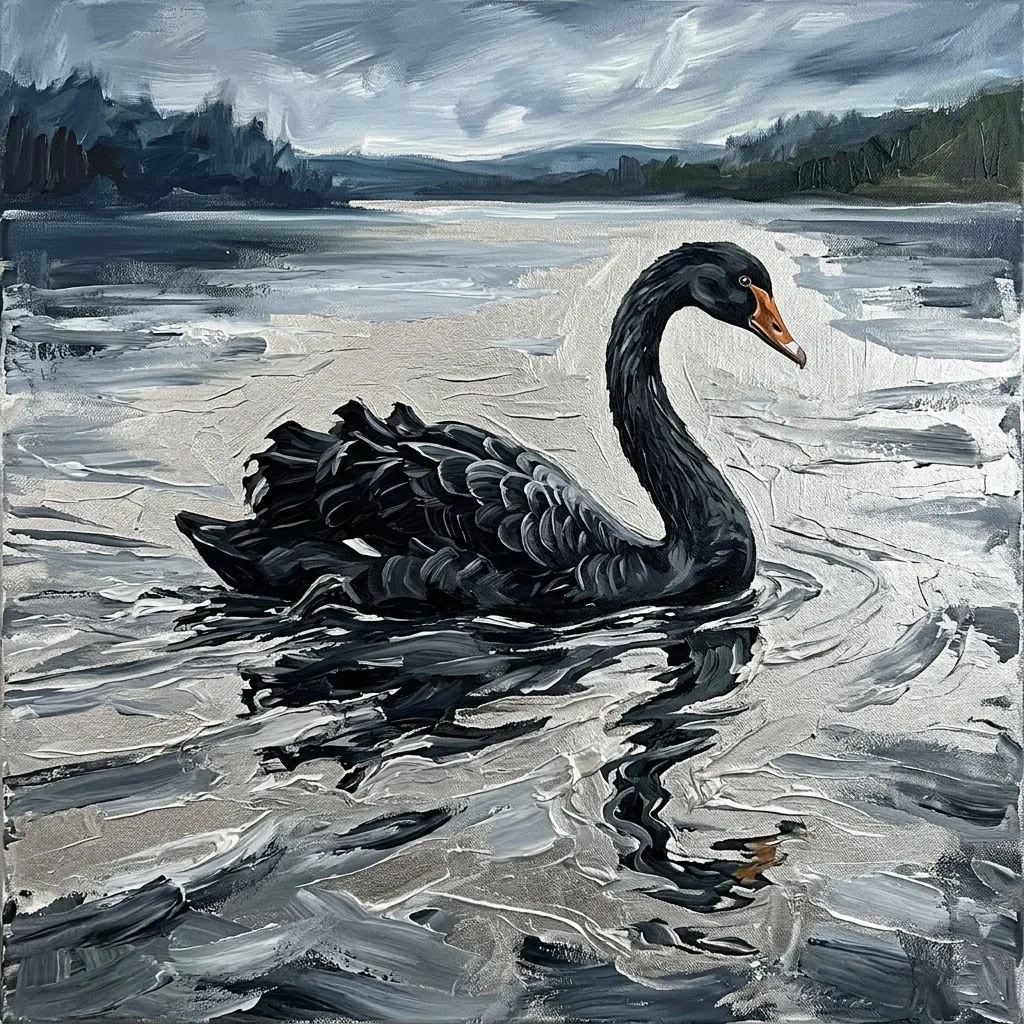 Black swan gliding over silver water