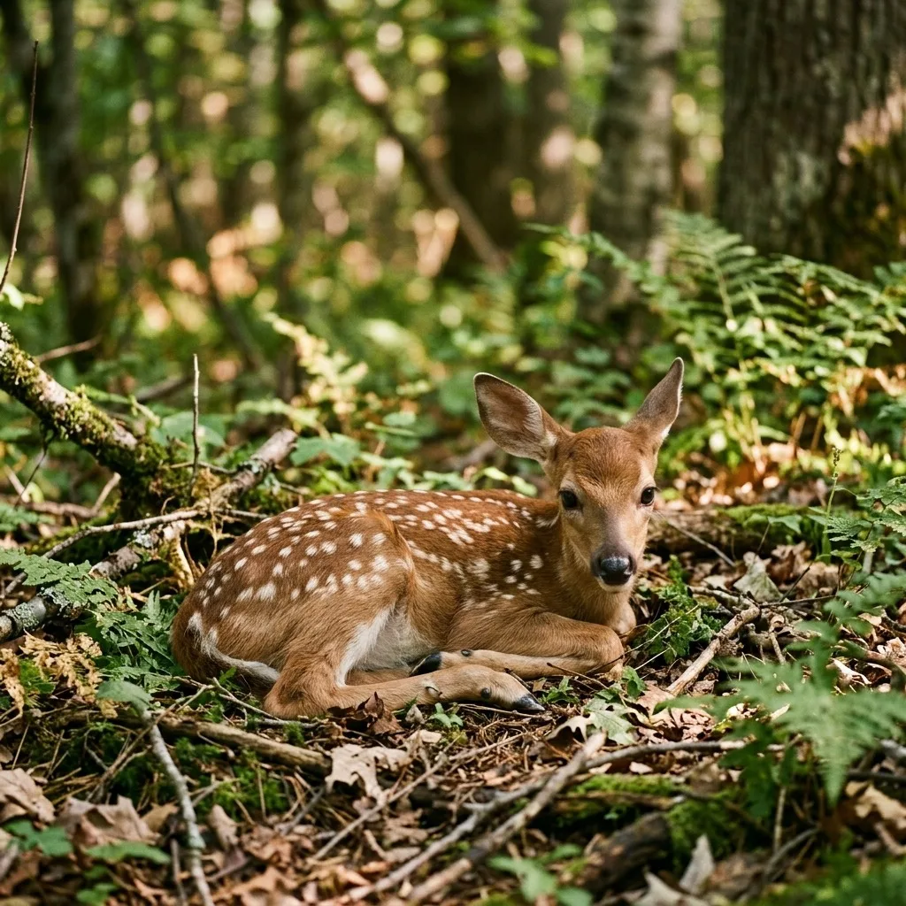 Fawn under woodland sunlight