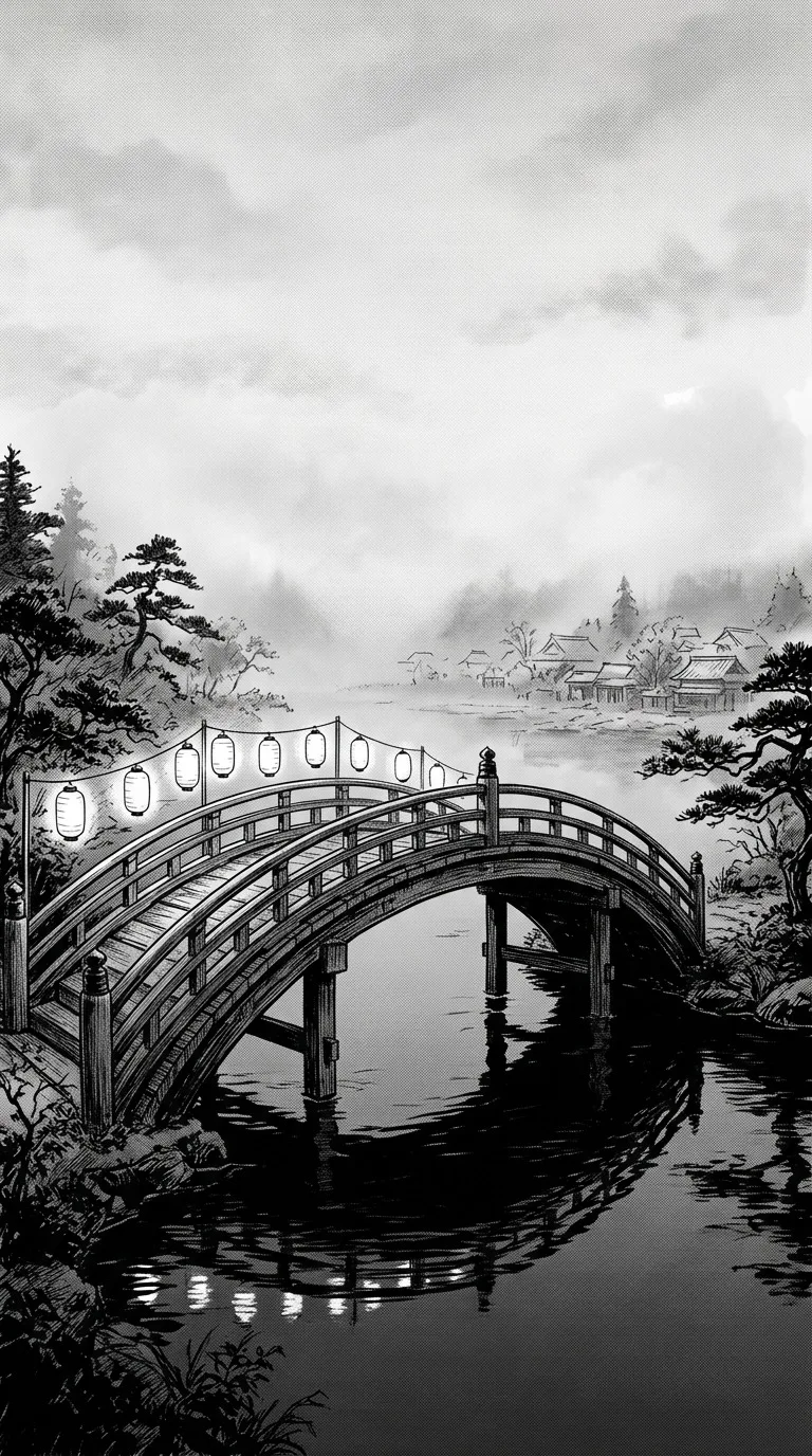 An empty arched wooden bridge with unmarked paper lanterns over still water, mist and a distant village, deep black reflections