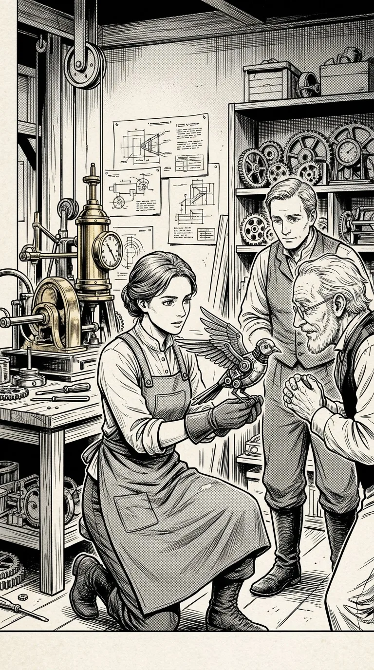 An adult inventor holding a mechanical bird.