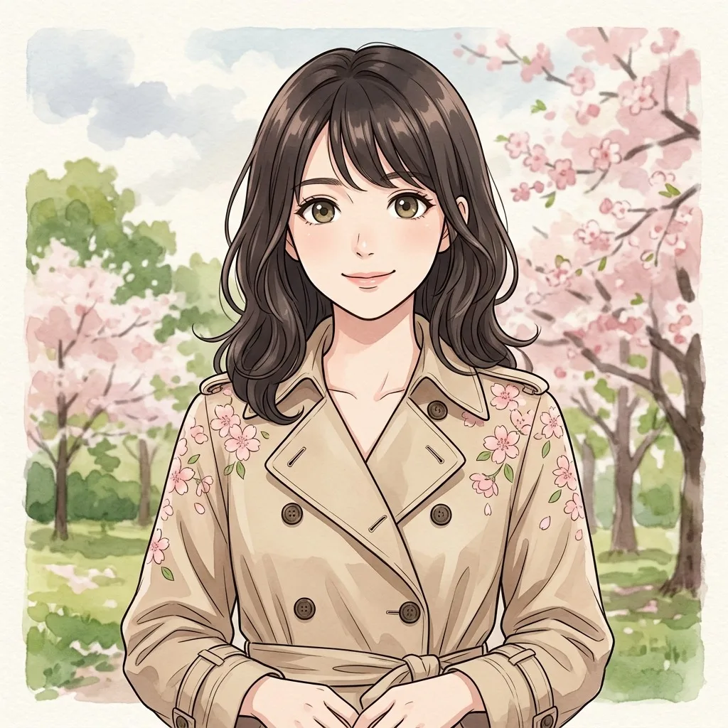 An adult woman with beige trench coat with cherry blossoms