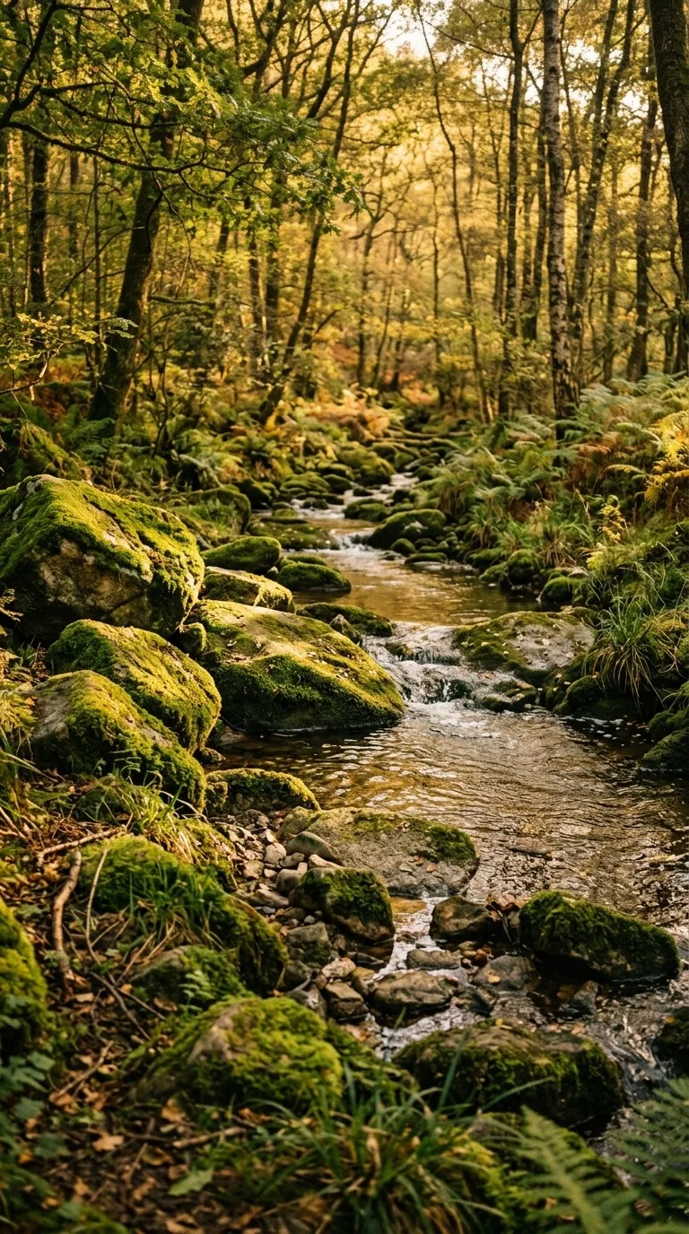 Moss-covered stones beside a stream.