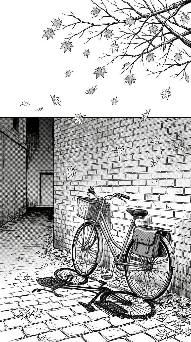 An old bicycle leaning against a brick wall beneath falling maple leaves, quiet alley perspective, delicate crosshatching