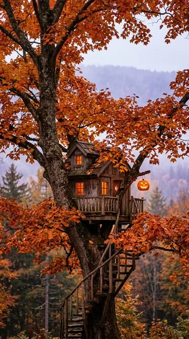 A cozy wooden treehouse sits among copper maple leaves with a hanging pumpkin lantern